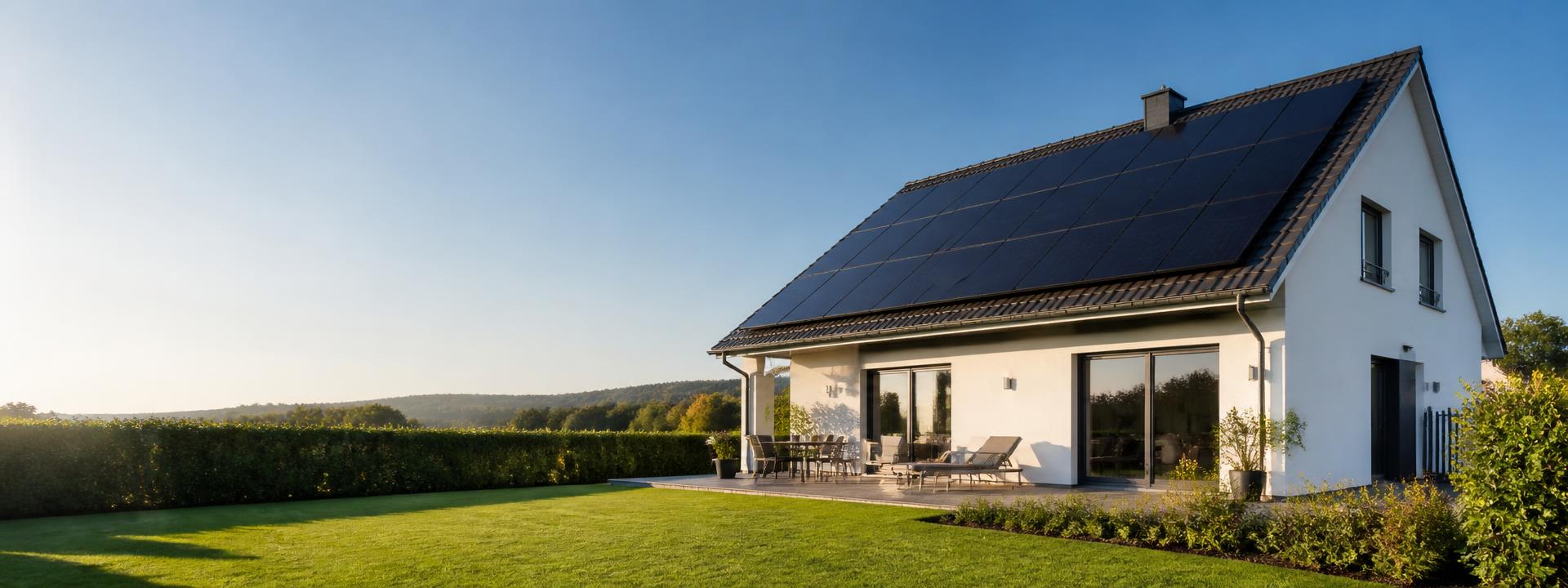 Klassisches Einfamilienhaus mit Photovoltaik-Anlage auf dem Dach